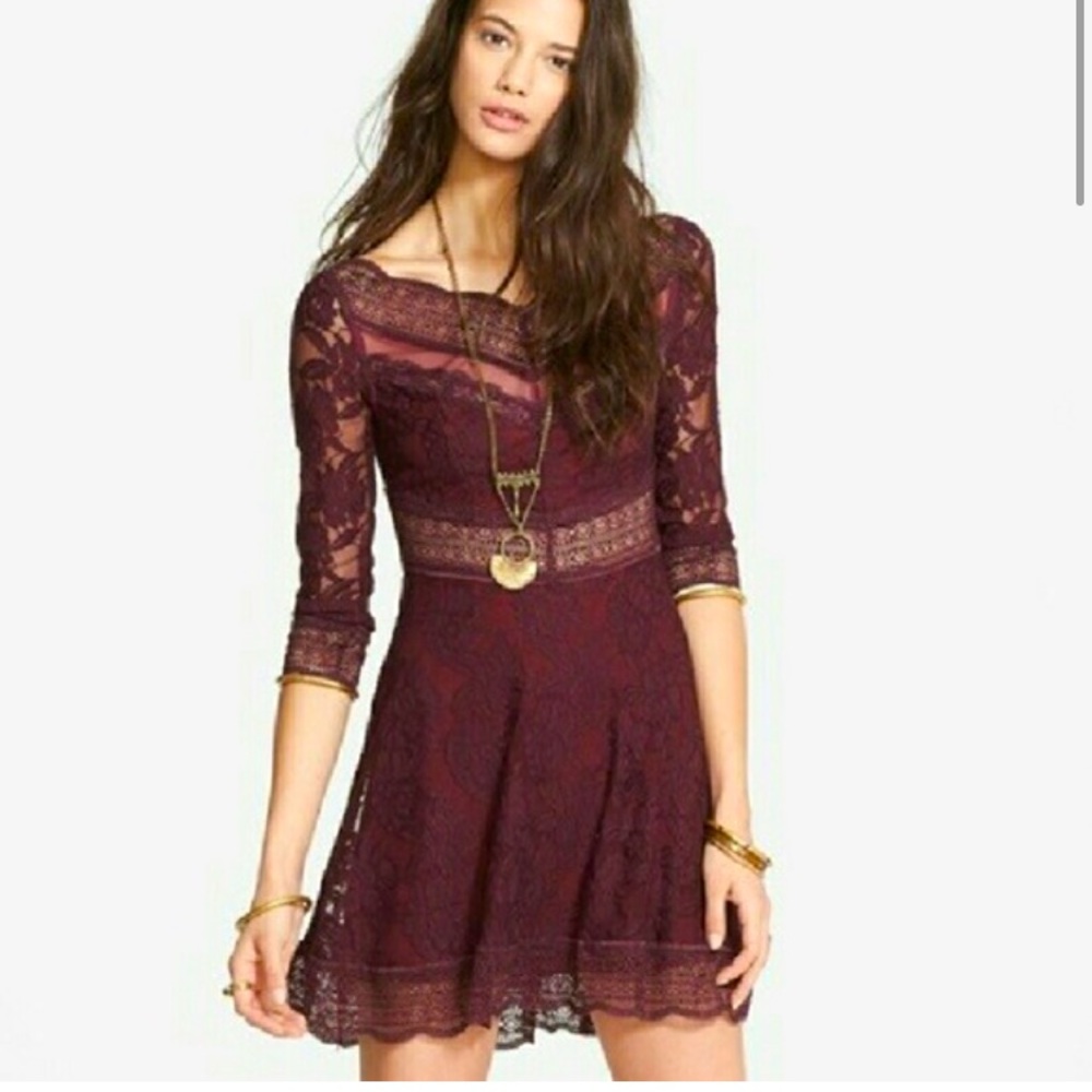 Free people burgundy lace long-sleeve dress.